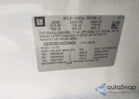 2017 Chevrolet Silverado 1500 1Lt из США, поврежденный, VIN 1GCRCREC4HZ244439